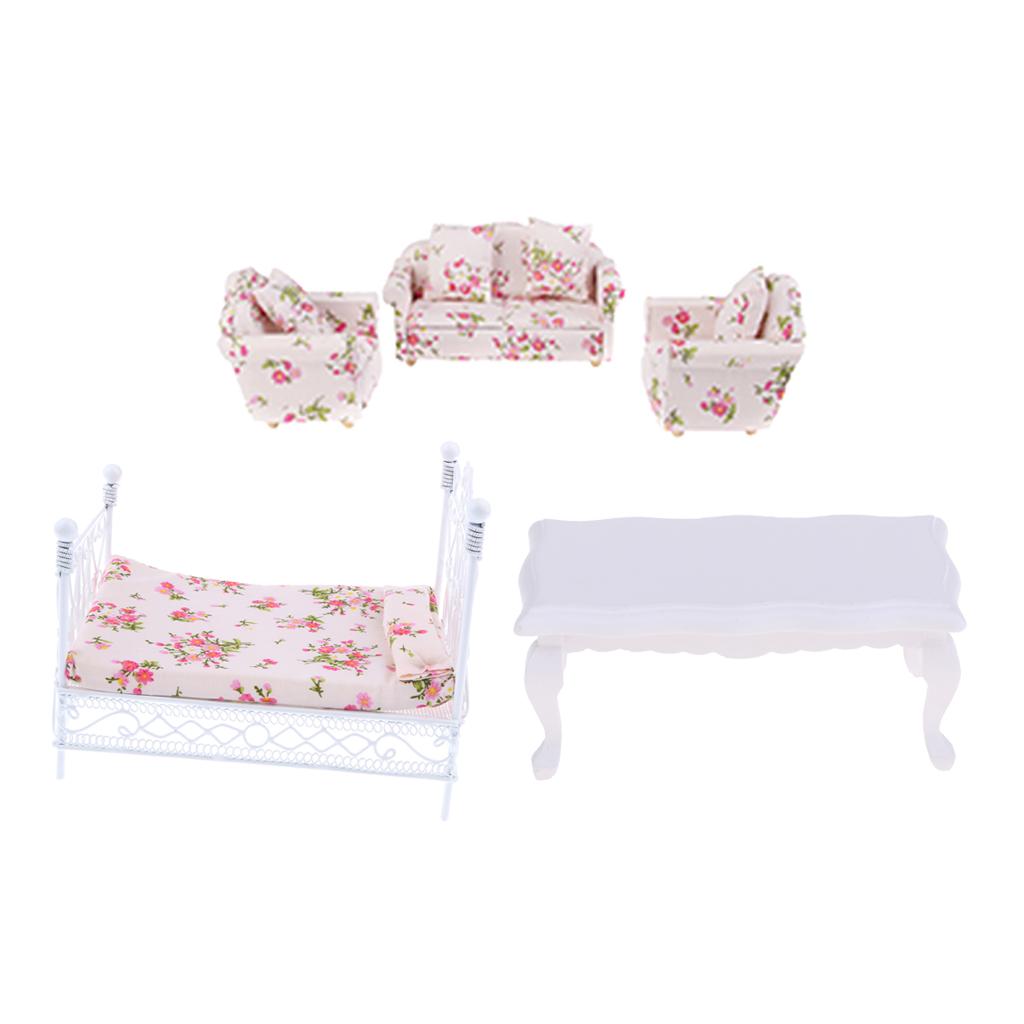 1:12 Dollhouse Miniature Metal European Bed with Sofa Set Bedroom Furniture
