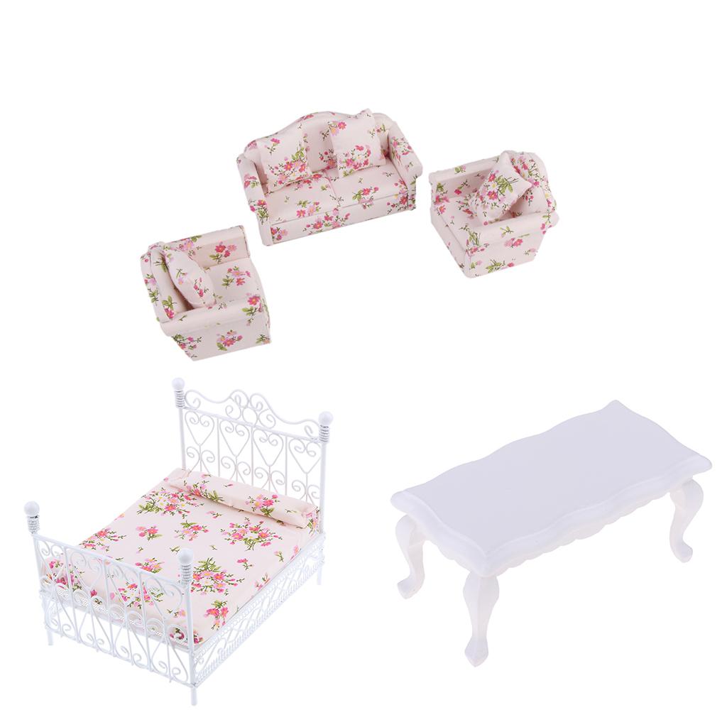 1:12 Dollhouse Miniature Metal European Bed with Sofa Set Bedroom Furniture
