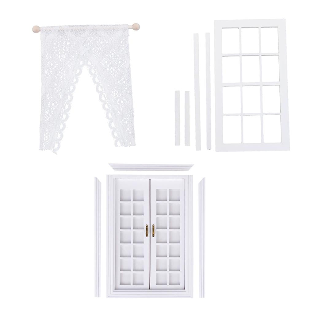 1/12 Dollhouse Miniature DIY Wooden Double Door & Window with Curtain White