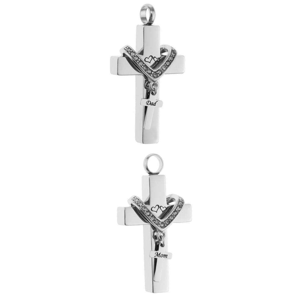 2 Pieces Cross Crystal Stainless Steel Urn Cremation Family Keepsake Pendant