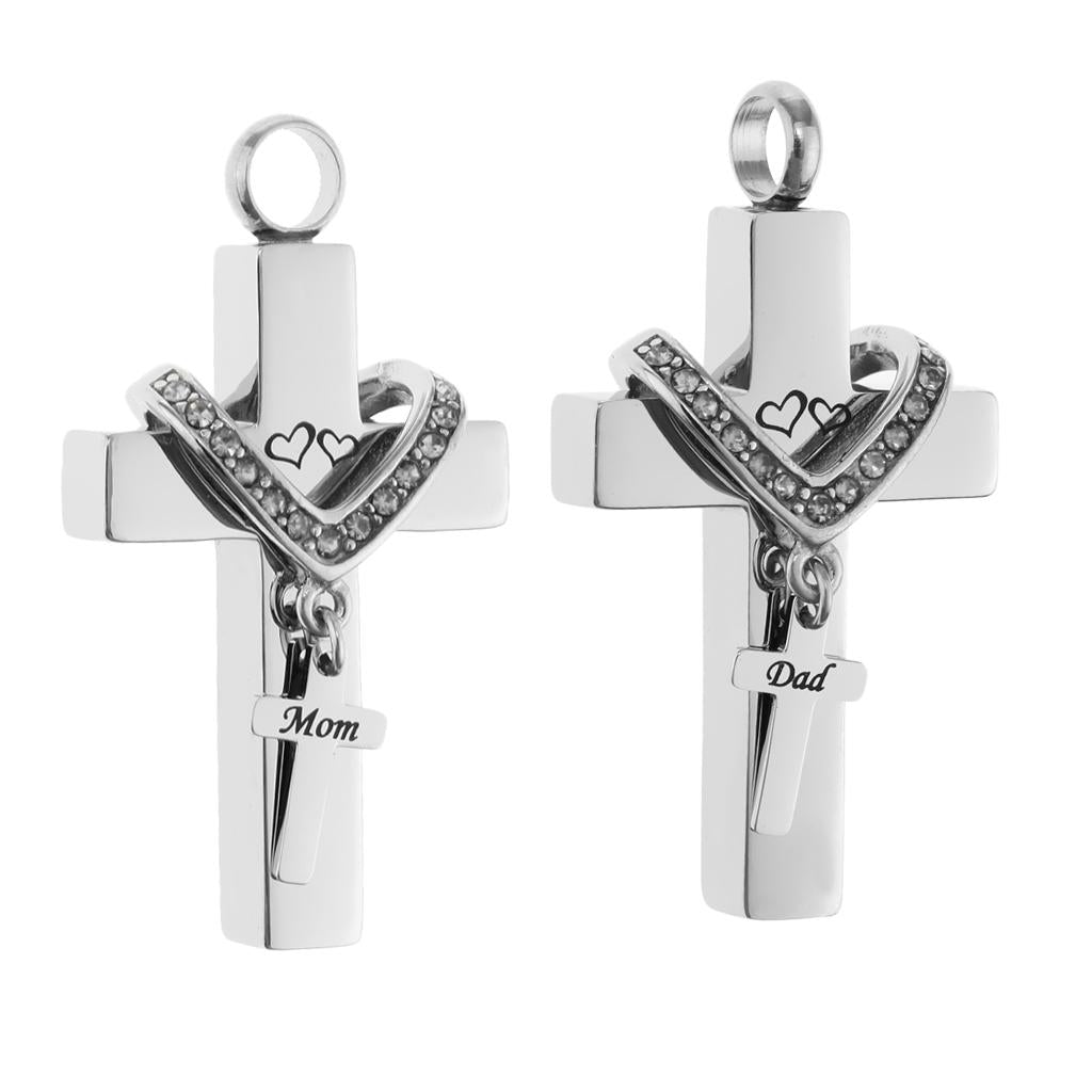 2 Pieces Cross Crystal Stainless Steel Urn Cremation Family Keepsake Pendant
