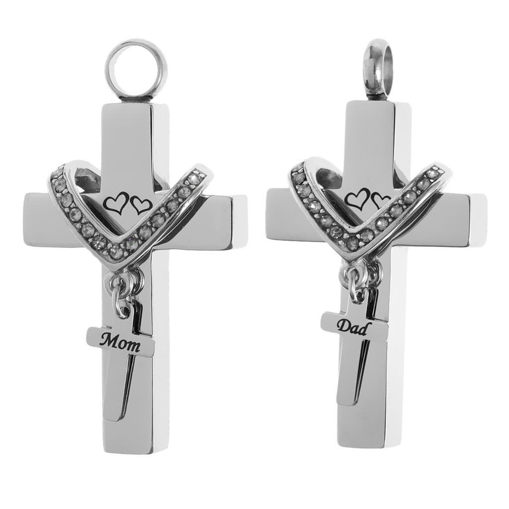 2 Pieces Cross Crystal Stainless Steel Urn Cremation Family Keepsake Pendant