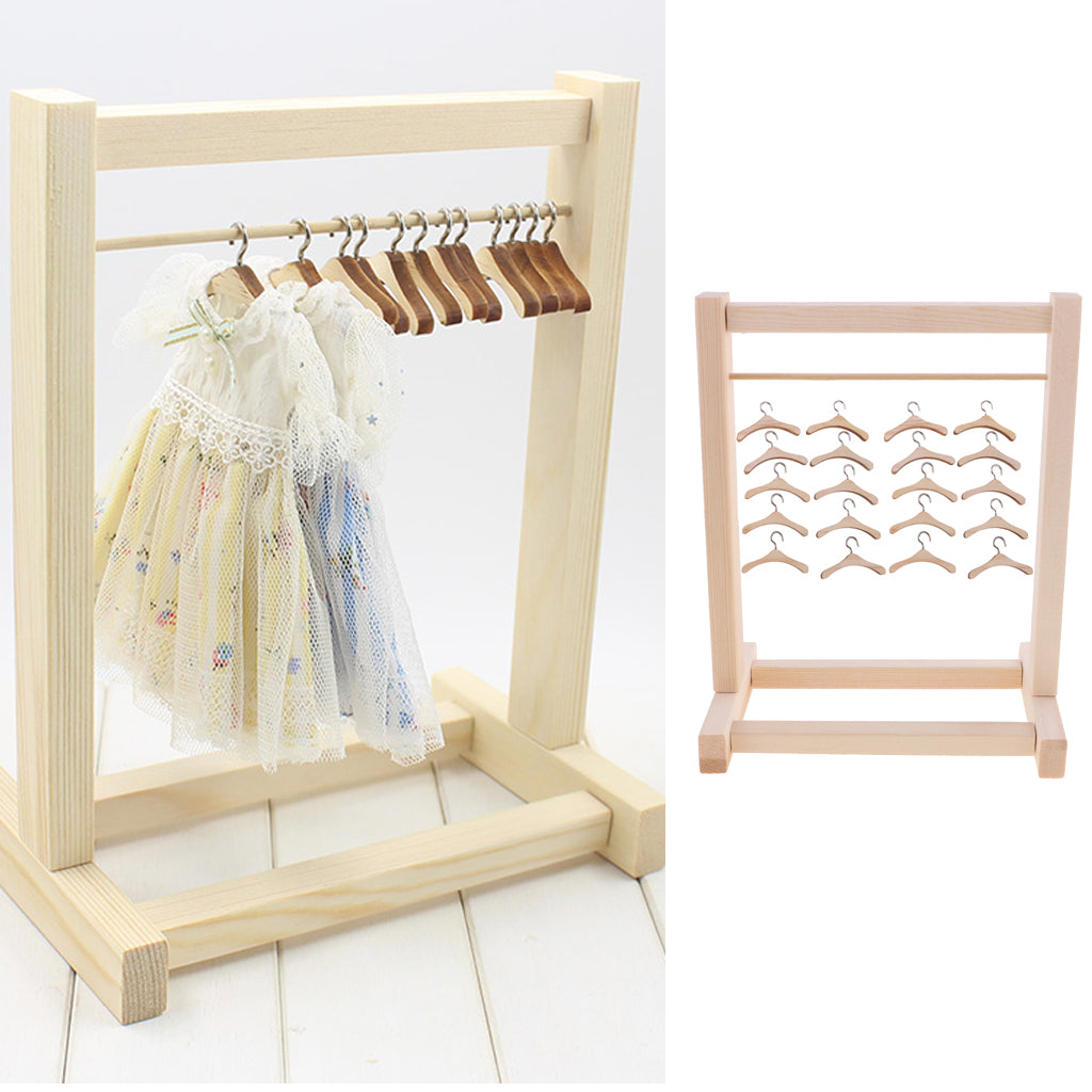 1/6 BJD Doll Wooden Clothes Hanging Shelf & Clothes Hanger for Blythe Dolls