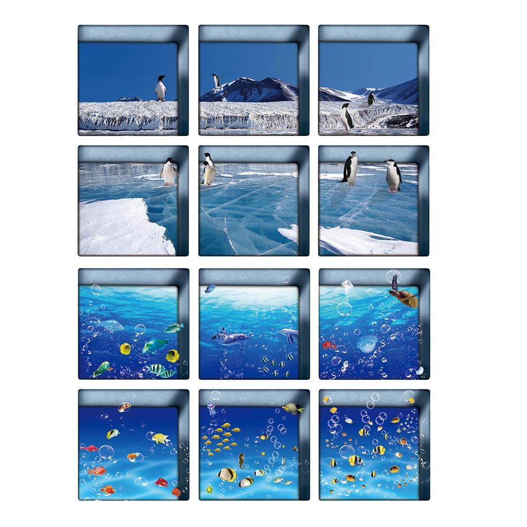 12pcs 13x13cm 3D Effect Anti Slip Waterproof Bathtub Sticker Fishes Penguins