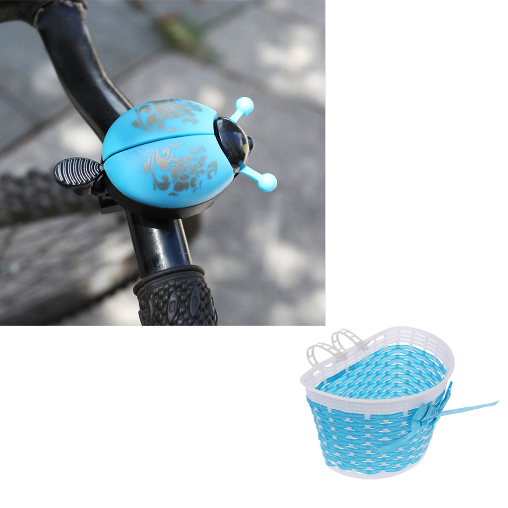 Children Bike Handlebar Front Basket + Cycle Novelty Ladybug Bell Horn Blue