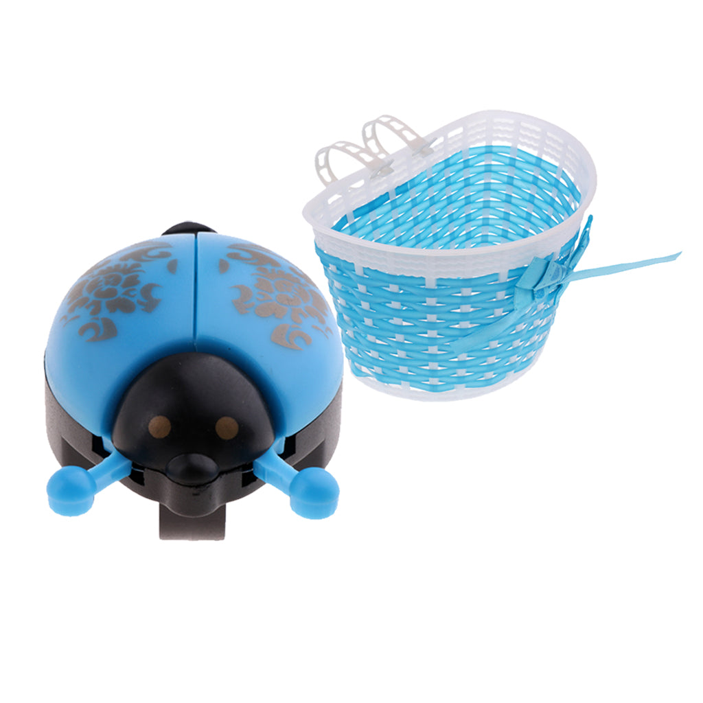 Children Bike Handlebar Front Basket + Cycle Novelty Ladybug Bell Horn Blue