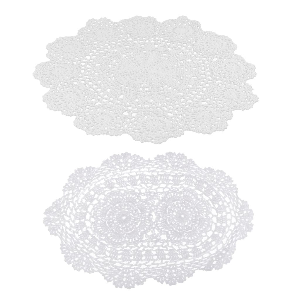 2 Sets Round White Crochet Cotton Lace Doily Table Placemats Doilies Cup Mat