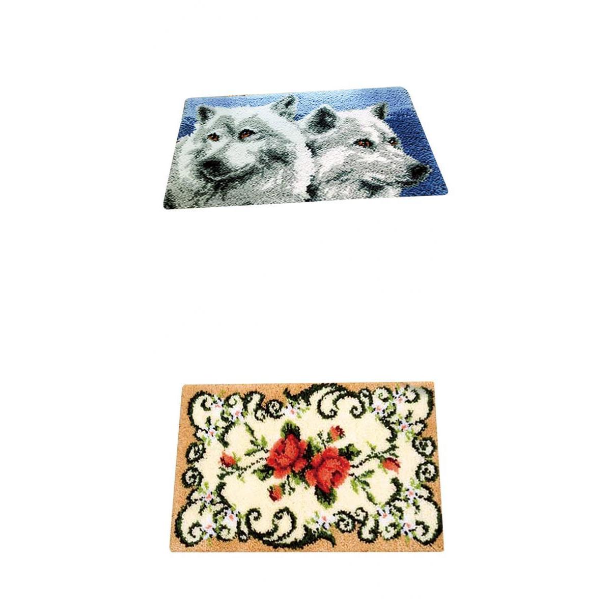 2 Set Flower Wolf Latch Hook Kits with Basic Tools for Rug Making