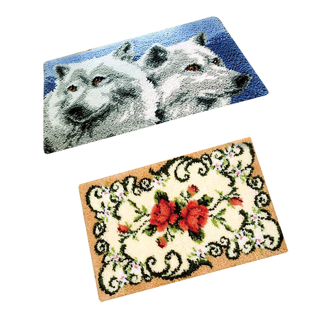 2 Set Flower Wolf Latch Hook Kits with Basic Tools for Rug Making
