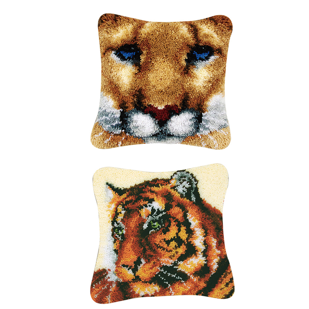 2 Sets Cushion Latch Hook Kits for Adults Animals Tigers Pattern Embroidery