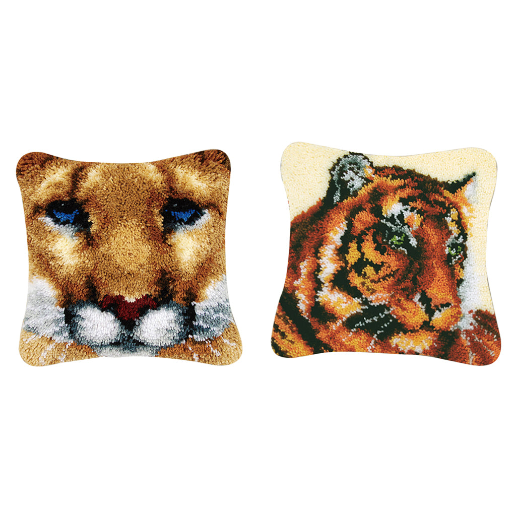 2 Sets Cushion Latch Hook Kits for Adults Animals Tigers Pattern Embroidery