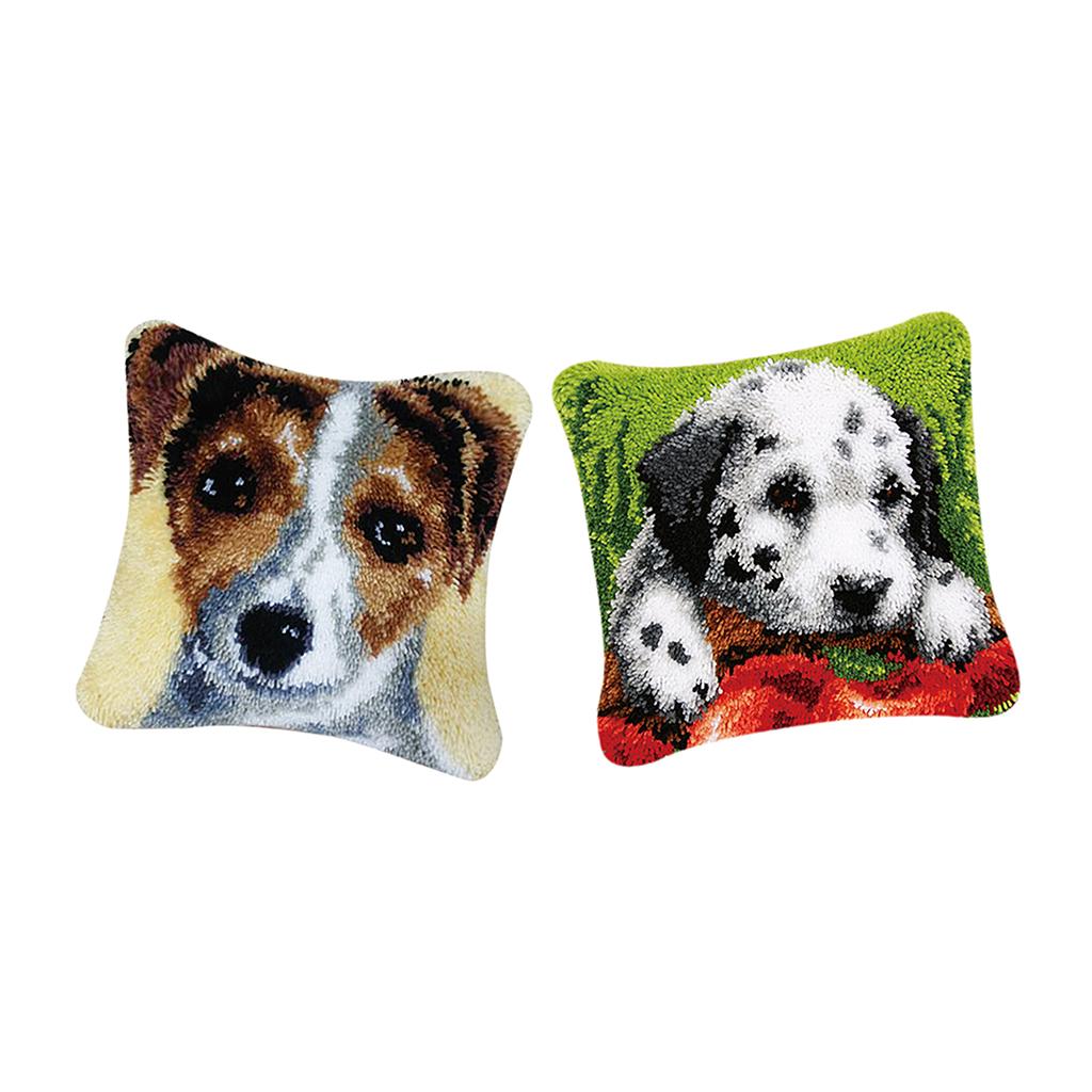 2 Sets Cushion Latch Hook Kits for Adults Animals Dog Pattern Embroidery