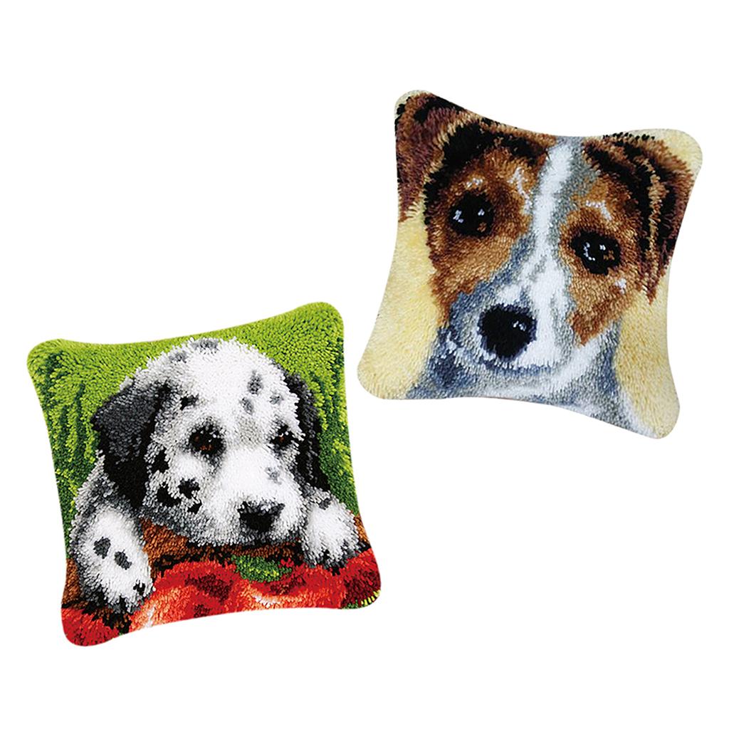 2 Sets Cushion Latch Hook Kits for Adults Animals Dog Pattern Embroidery
