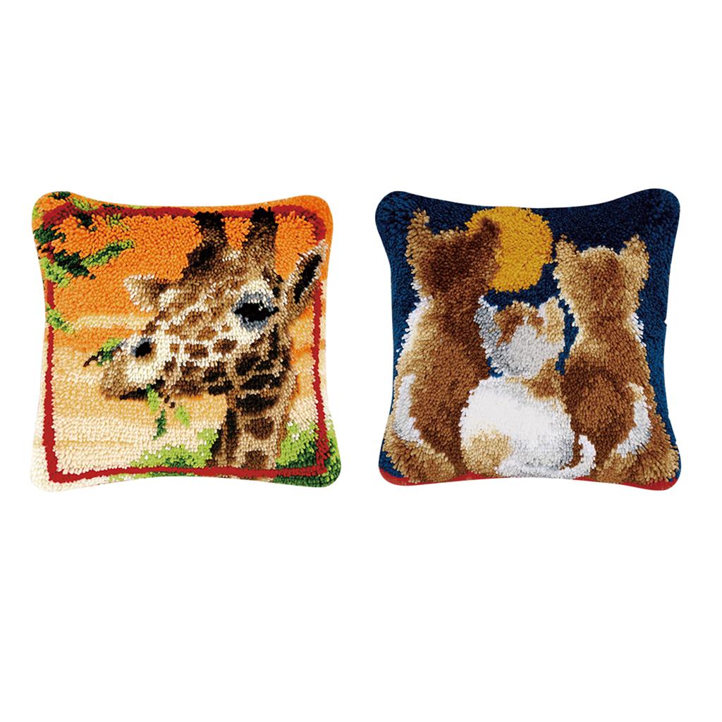 2 Sets Cats Giraffe Pillows Latch Hook Kits Material Package for Beginners