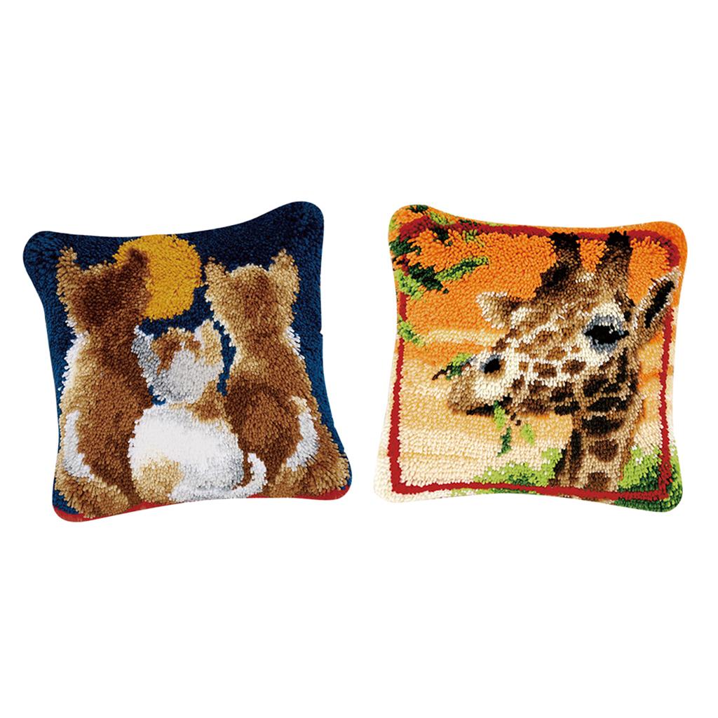 2 Sets Cats Giraffe Pillows Latch Hook Kits Material Package for Beginners