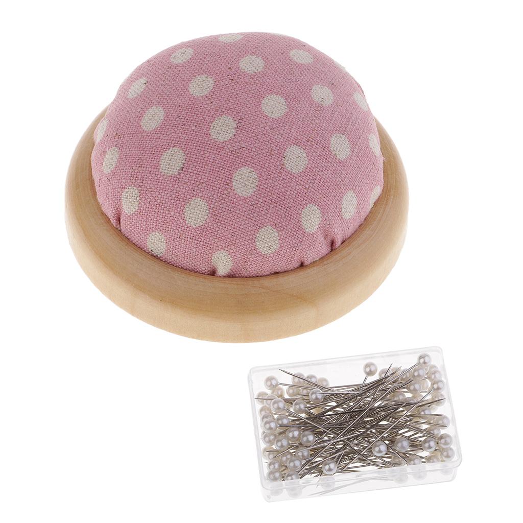 1 Box Pearl Head Pins and Wood Base Needle Pin Cushion for Sewing Stitching