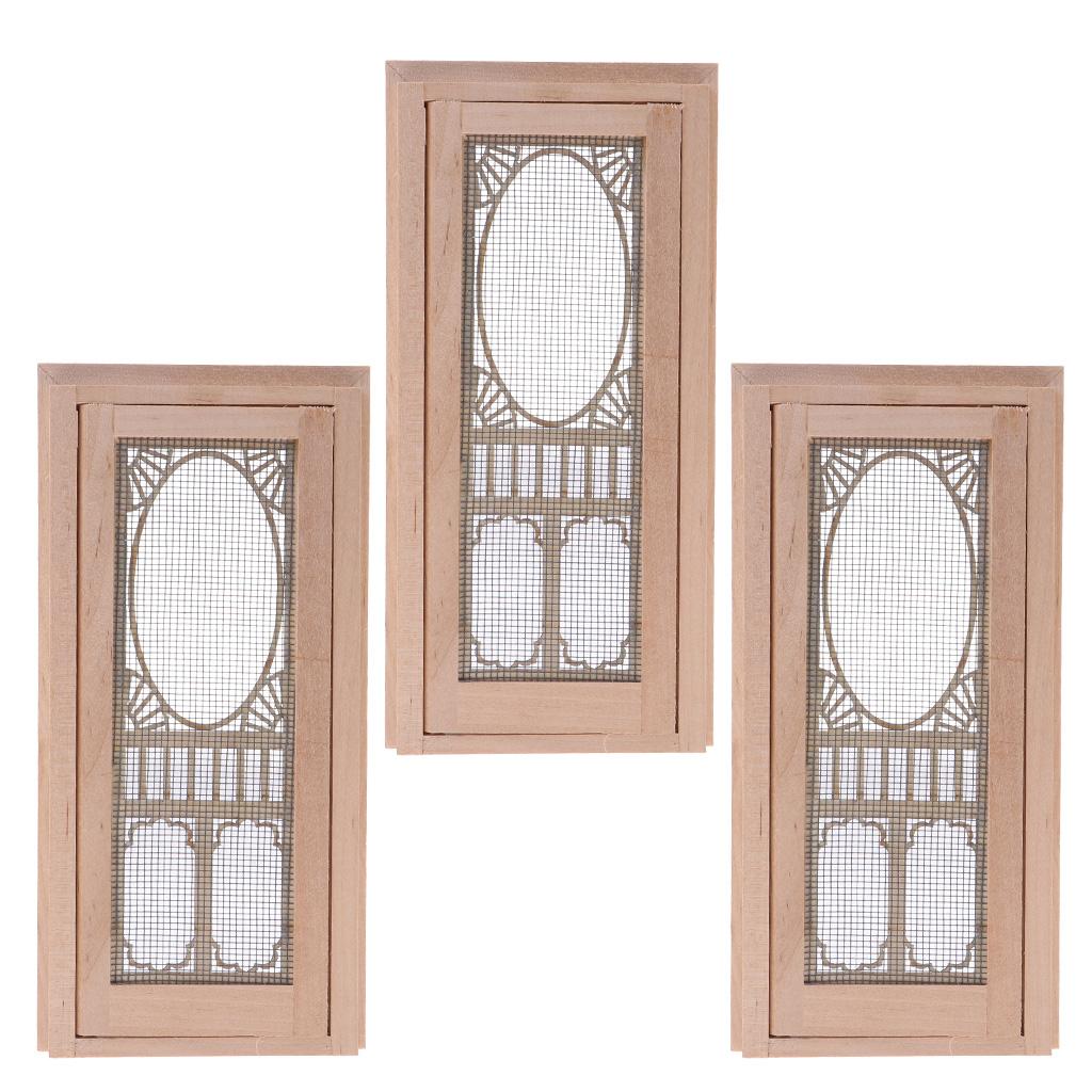3 Set 1/12 Dollhouse Miniature Wood External Hollow Screen Door Unpainted