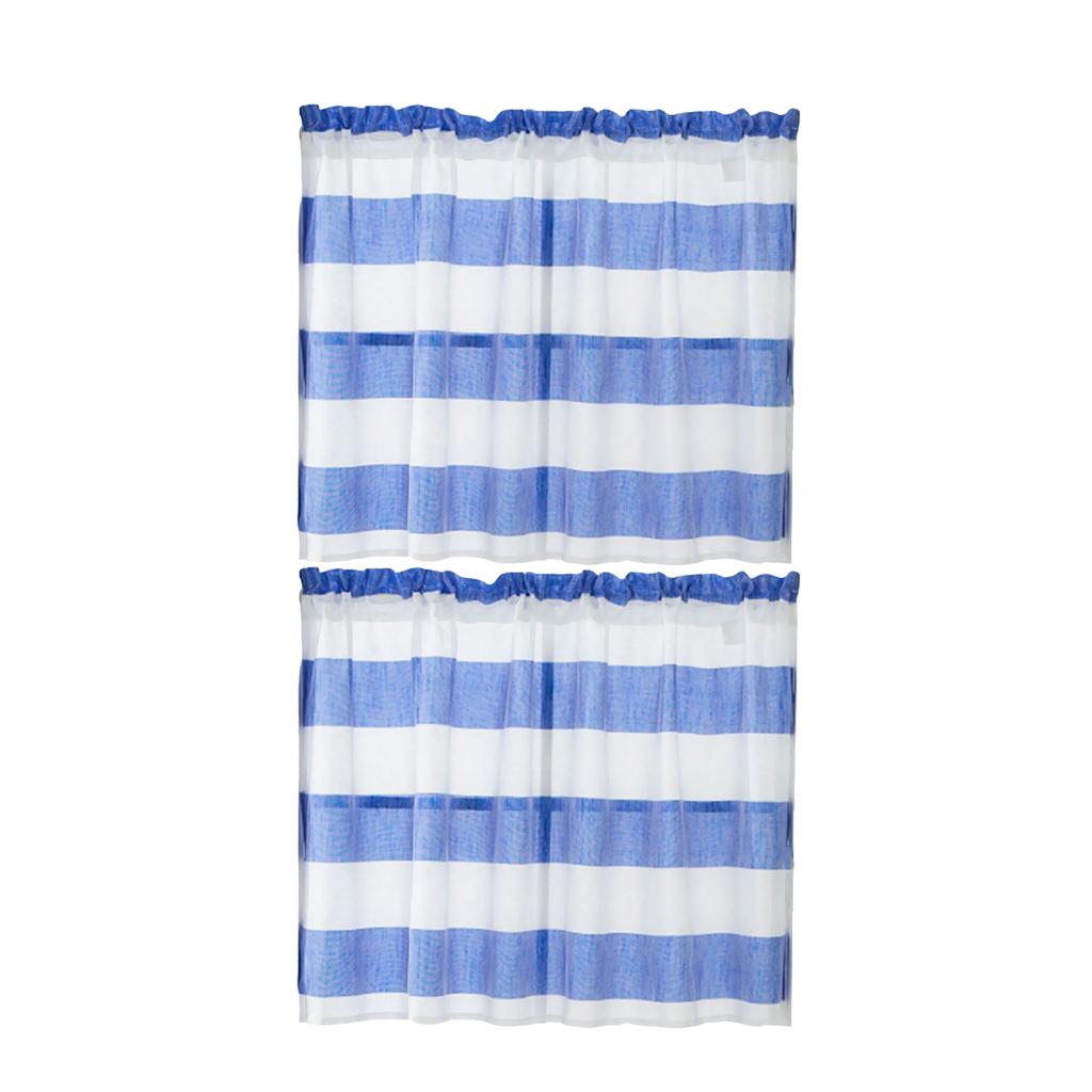 2xWindow Striped Short Valance Rod Pocket Curtains Kitchen Blue_ 74x60cm