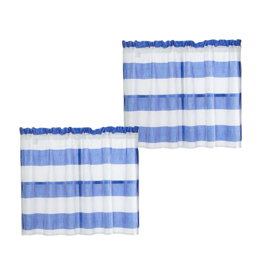 2xWindow Striped Short Valance Rod Pocket Curtains Kitchen Blue_ 74x60cm