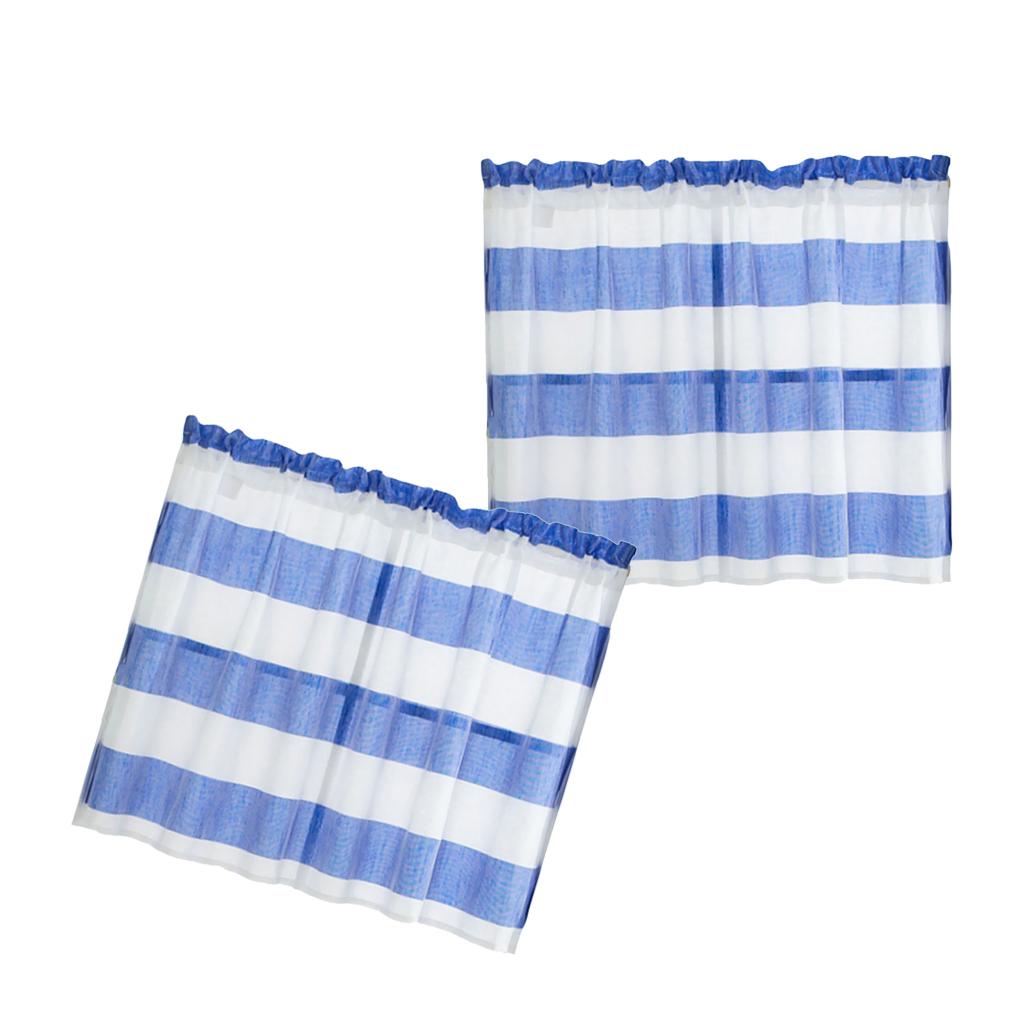 2xWindow Striped Short Valance Rod Pocket Curtains Kitchen Blue_ 74x60cm