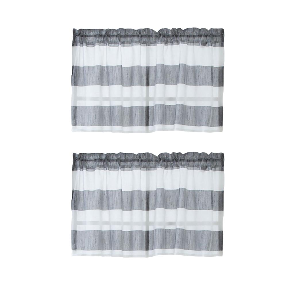 2xWindow Striped Short Valance Rod Pocket Curtains Kitchen Grey_ 74x60cm