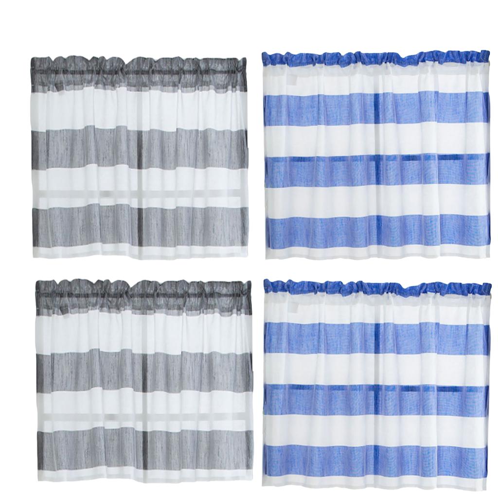4Pcs (Grey &Blue_ 74x60cm) Striped Short Valance Rod Pocket Curtains Kitchen