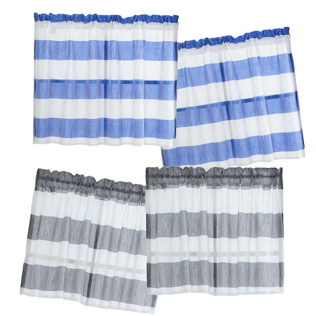 4Pcs (Grey &Blue_ 74x60cm) Striped Short Valance Rod Pocket Curtains Kitchen