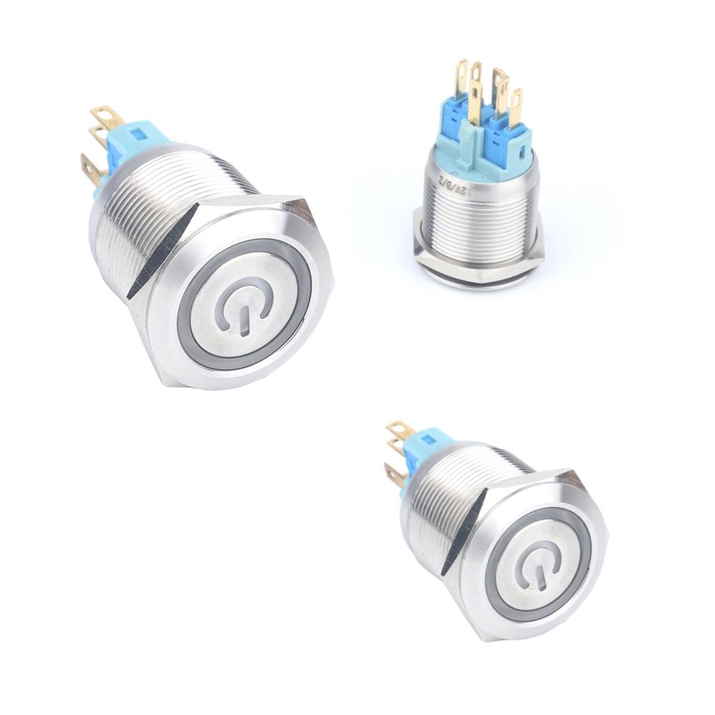 3 Pieces 22mm 12V Reset Ring Stainless Steel LED Light Flat Head Self-reset
