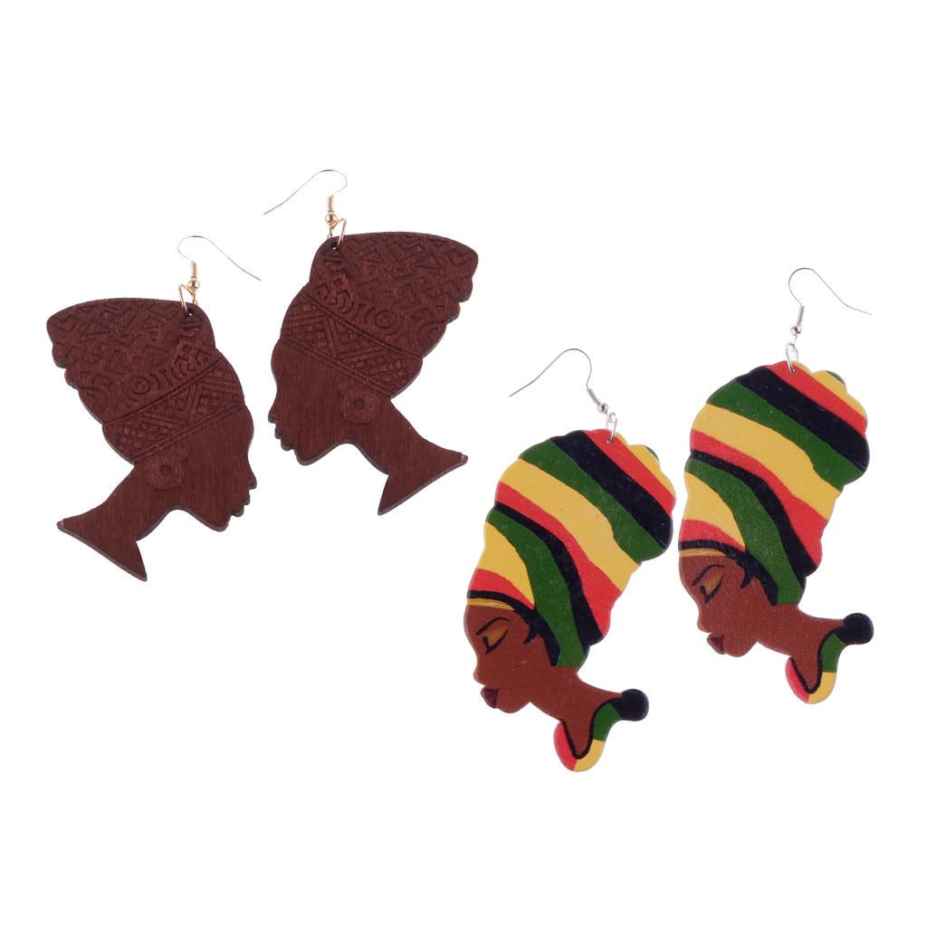 2 Pairs Ethnic Dangle Lady Figure Head African Tribe Belly Dancing Earrings