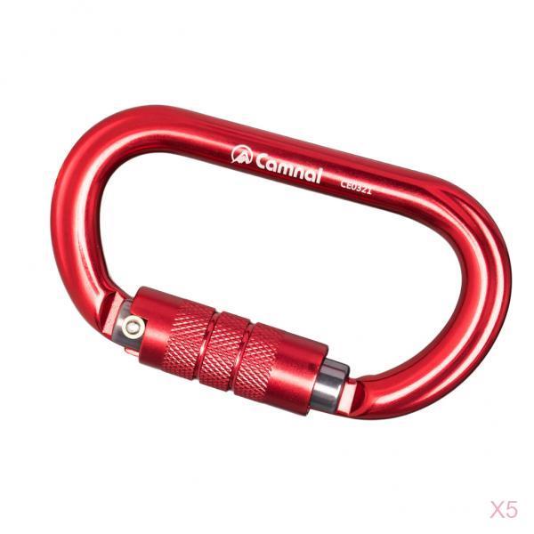 5pcs 25KN Aluminum Climbing Rescue Carabiner D Type Auto Locking Red