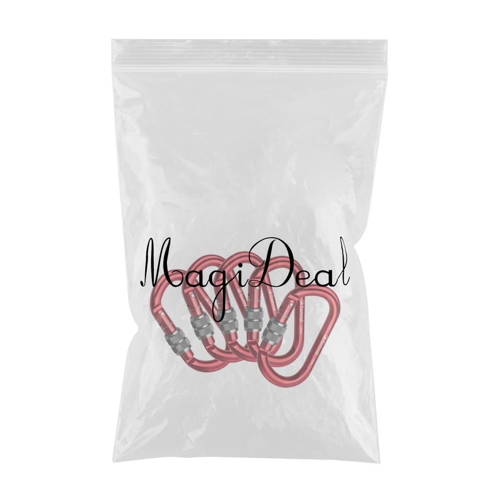 5 Pieces 25KN Aluminum Climbing Rescue Carabiner Screwgate D Type Red