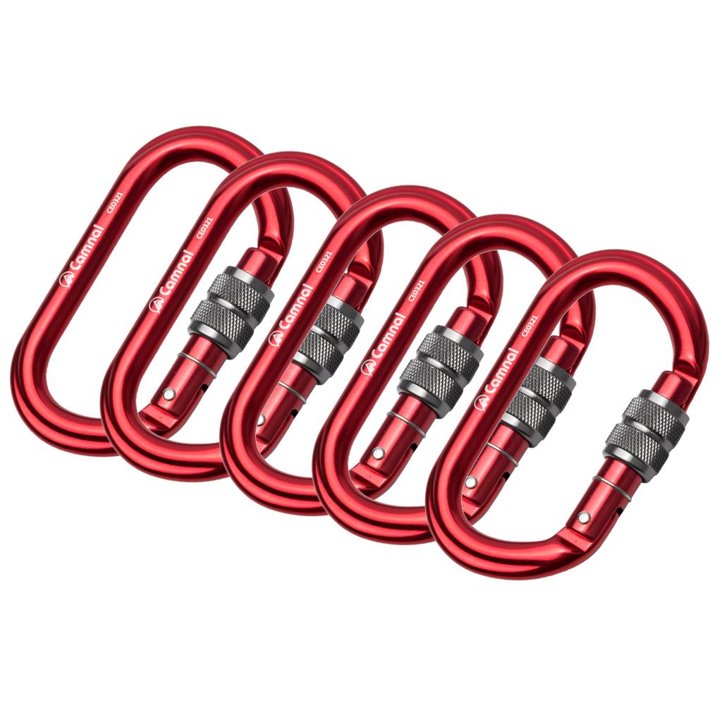 5 Pieces 25KN Aluminum Climbing Rescue Carabiner Screwgate D Type Red