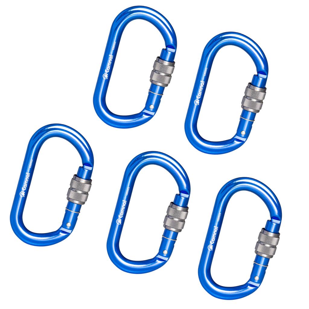 5 Pieces 25KN Aluminum Climbing Rescue Carabiner Screwgate D Type Blue