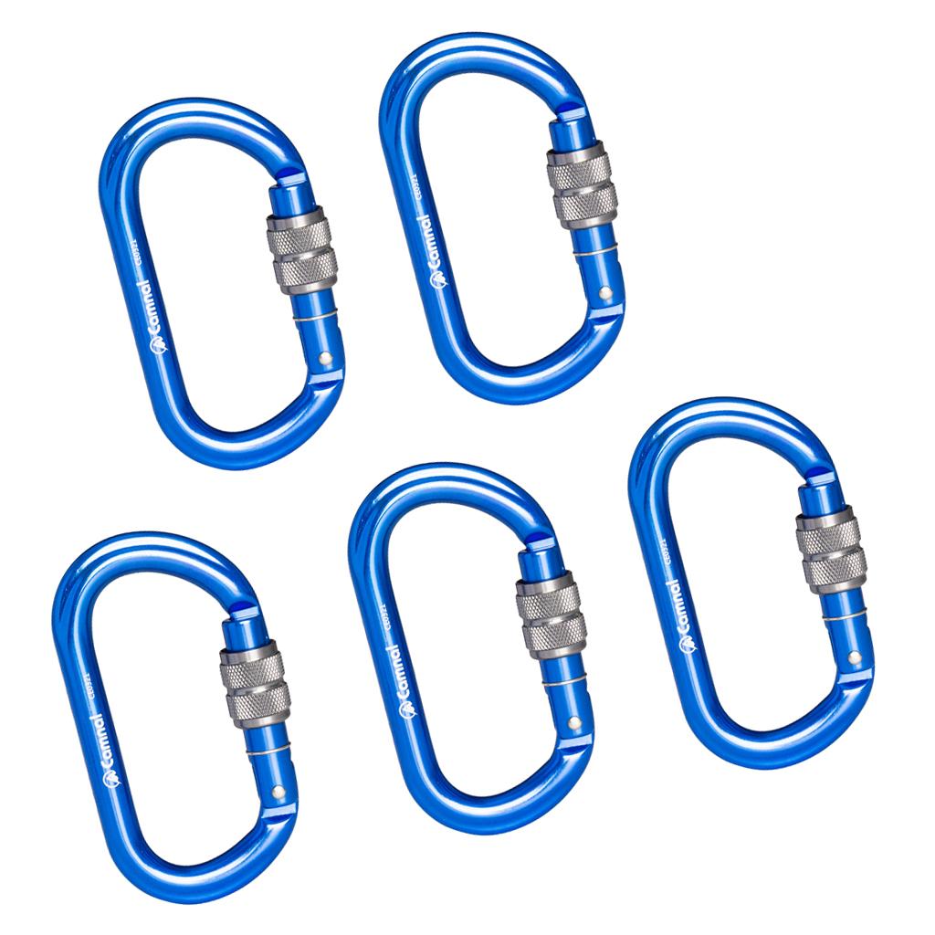 5 Pieces 25KN Aluminum Climbing Rescue Carabiner Screwgate D Type Blue
