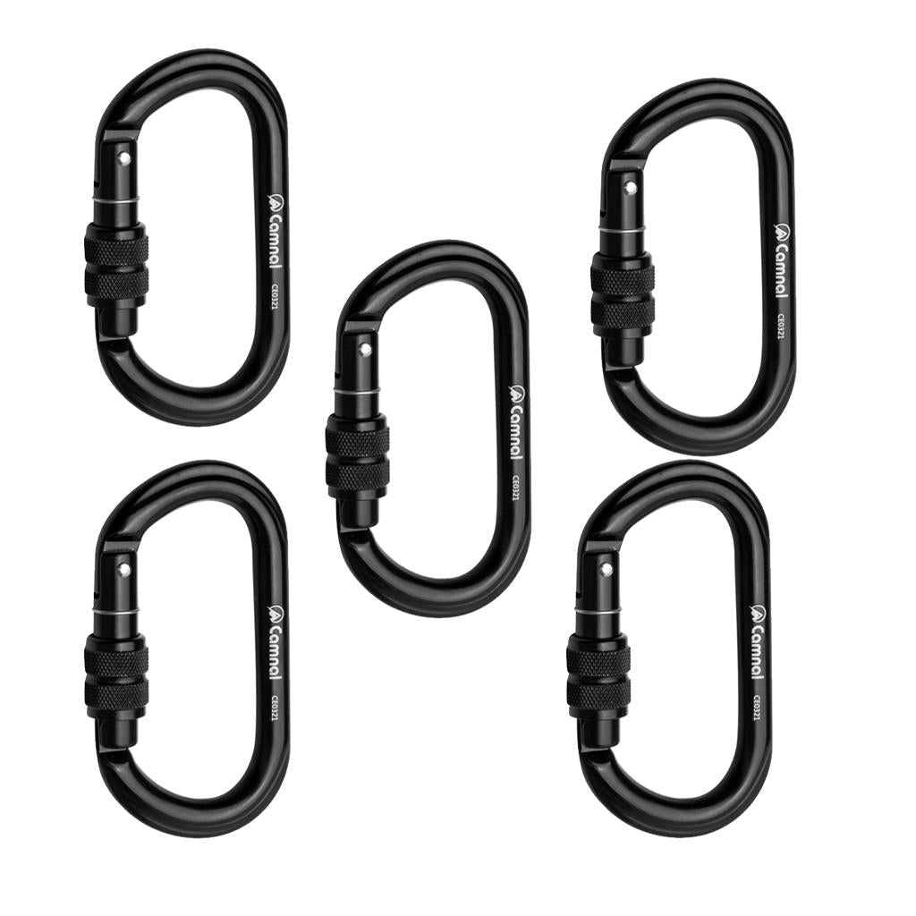 5 Pieces 25KN Aluminum Climbing Rescue Carabiner Screwgate D Type Black