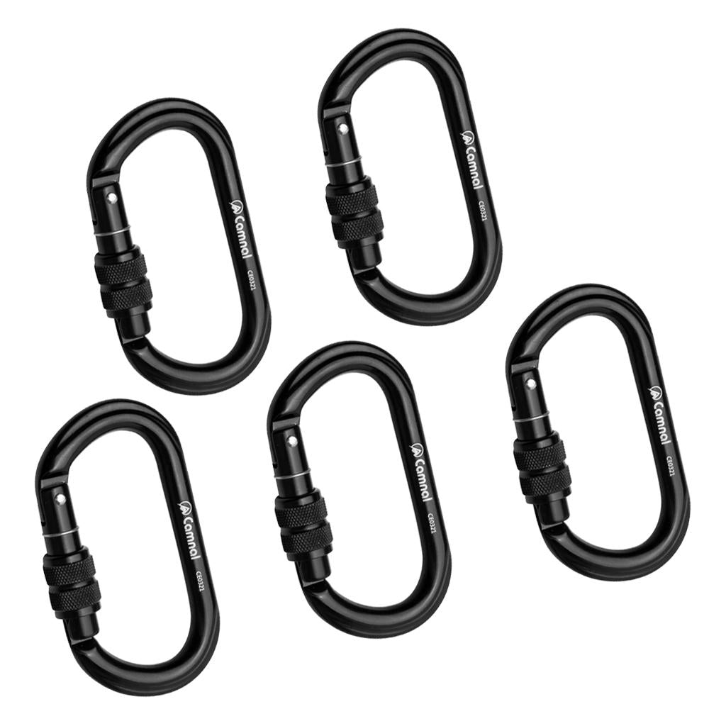 5 Pieces 25KN Aluminum Climbing Rescue Carabiner Screwgate D Type Black