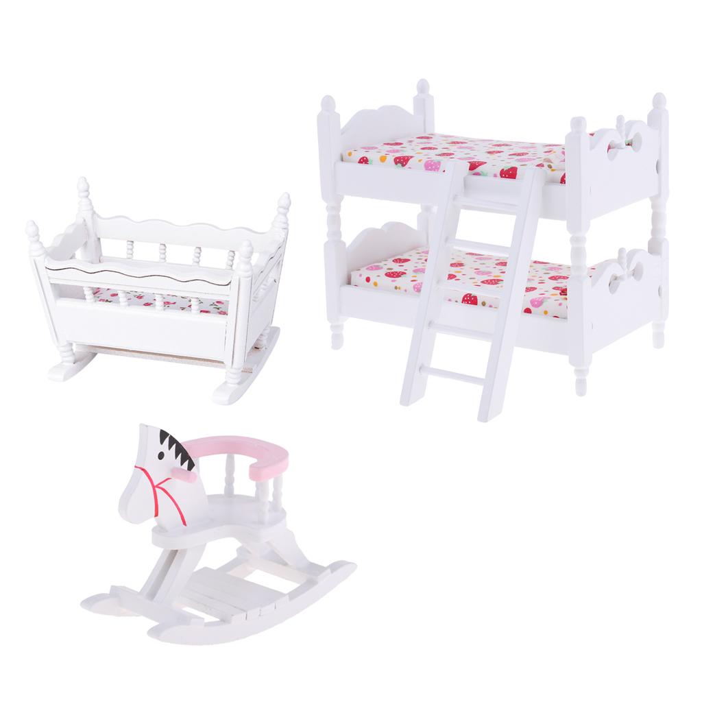 1/12 Dollhouse Miniature Furniture Bunk Bed Cradle Rocking Horse Set Bedroom