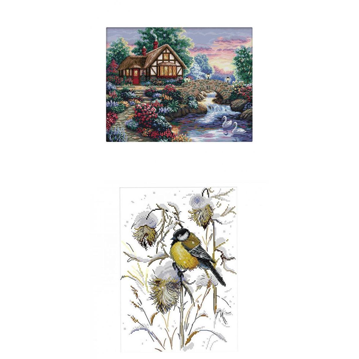 2 Sets Stamped Cross Stitch Kits Dimensions for Adults Print Landscape Birds