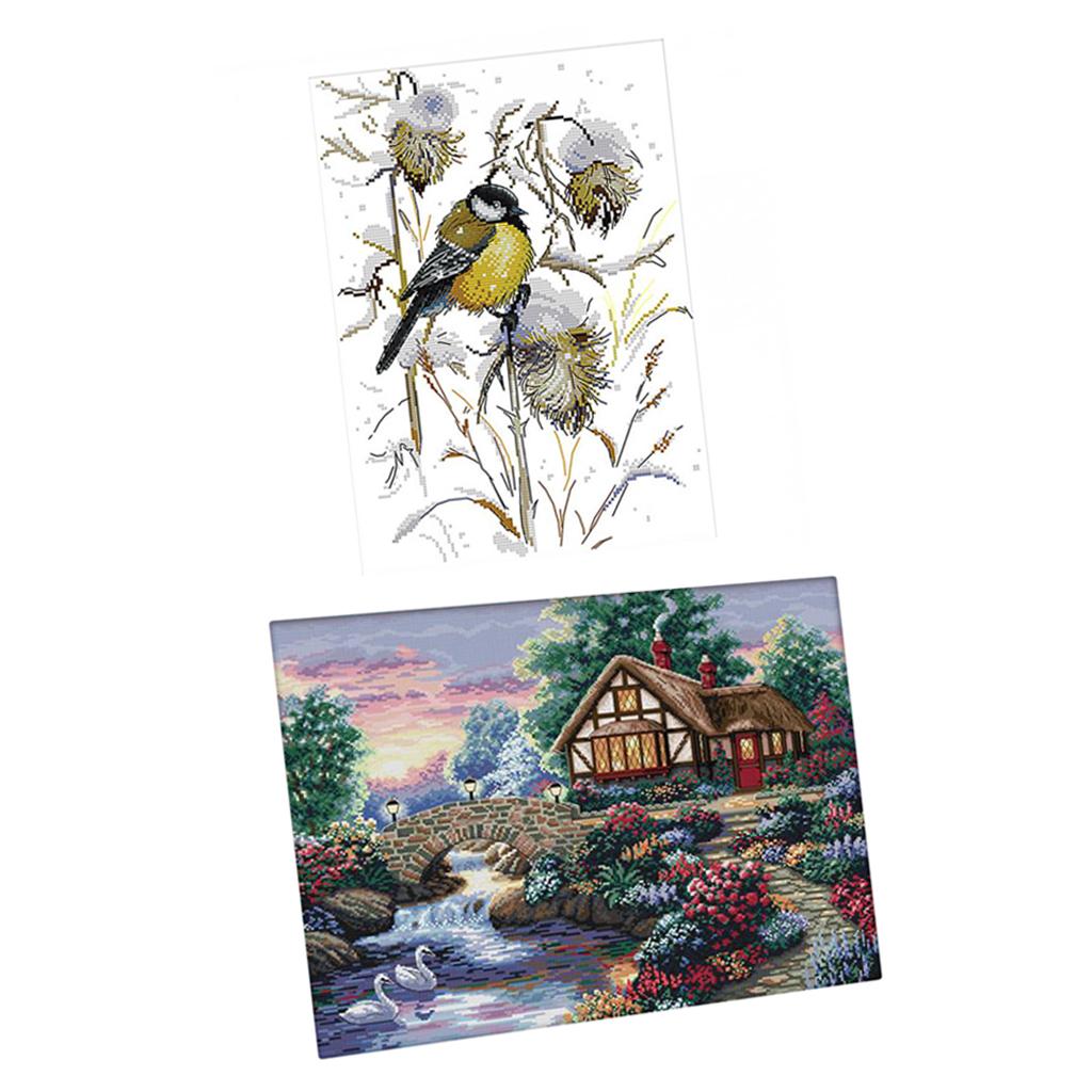 2 Sets Stamped Cross Stitch Kits Dimensions for Adults Print Landscape Birds