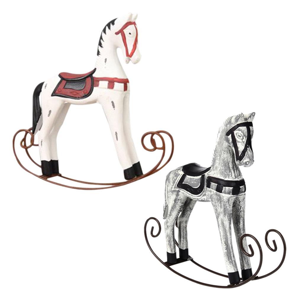 2x European Wooden Rocking Horse Statue Wedding Decor Wood Horse Crafts