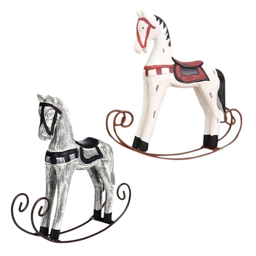 2x European Wooden Rocking Horse Statue Wedding Decor Wood Horse Crafts