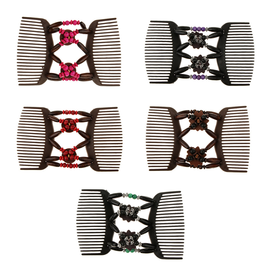 5x Elastic Double Hair Comb with Wooden Bead Easy Hair Clip Hair Jewelry