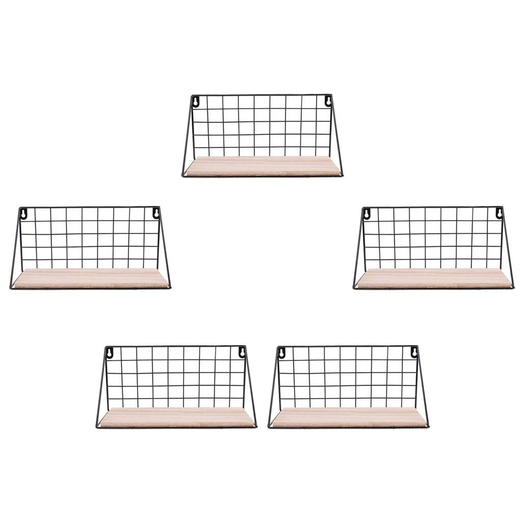 5pcs Metal & Wooden Wall Grid Hanging Shelf Home Furnishing Storage Rack