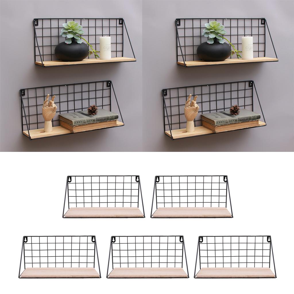 5pcs Metal & Wooden Wall Grid Hanging Shelf Home Furnishing Storage Rack