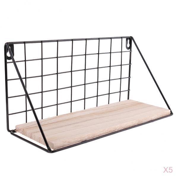 5pcs Metal & Wooden Wall Grid Hanging Shelf Home Furnishing Storage Rack