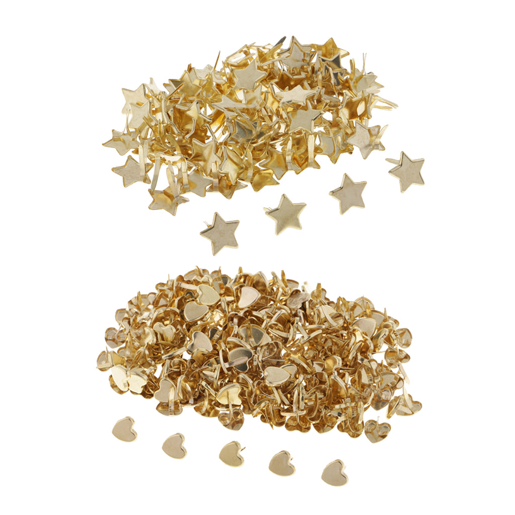300 Pieces Metal Star Heart Head Brads Paper Fasteners for Scrapbooking Gold