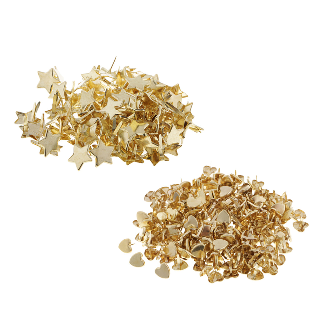 300 Pieces Metal Star Heart Head Brads Paper Fasteners for Scrapbooking Gold