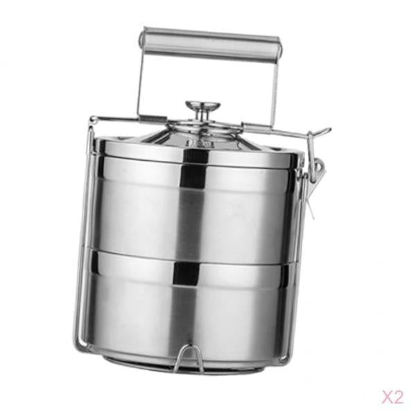 2x Stainless Steel Thermal Insulated Stackable Lunch Bento Box Tiffin 2 Tier