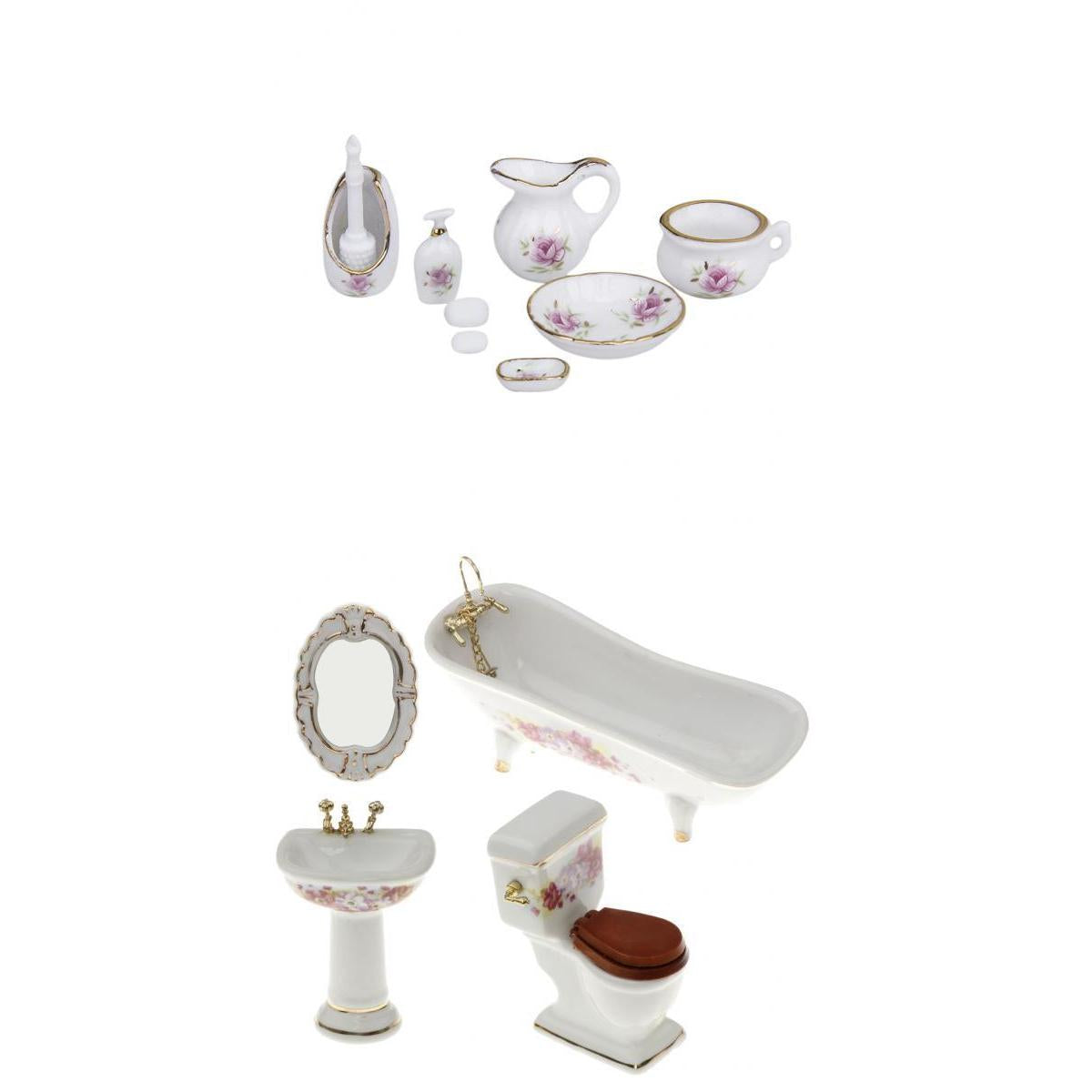 1/12 Dollhouse Bathroom Accessory Floral Ceramic Closestool Bathtub Sink Set