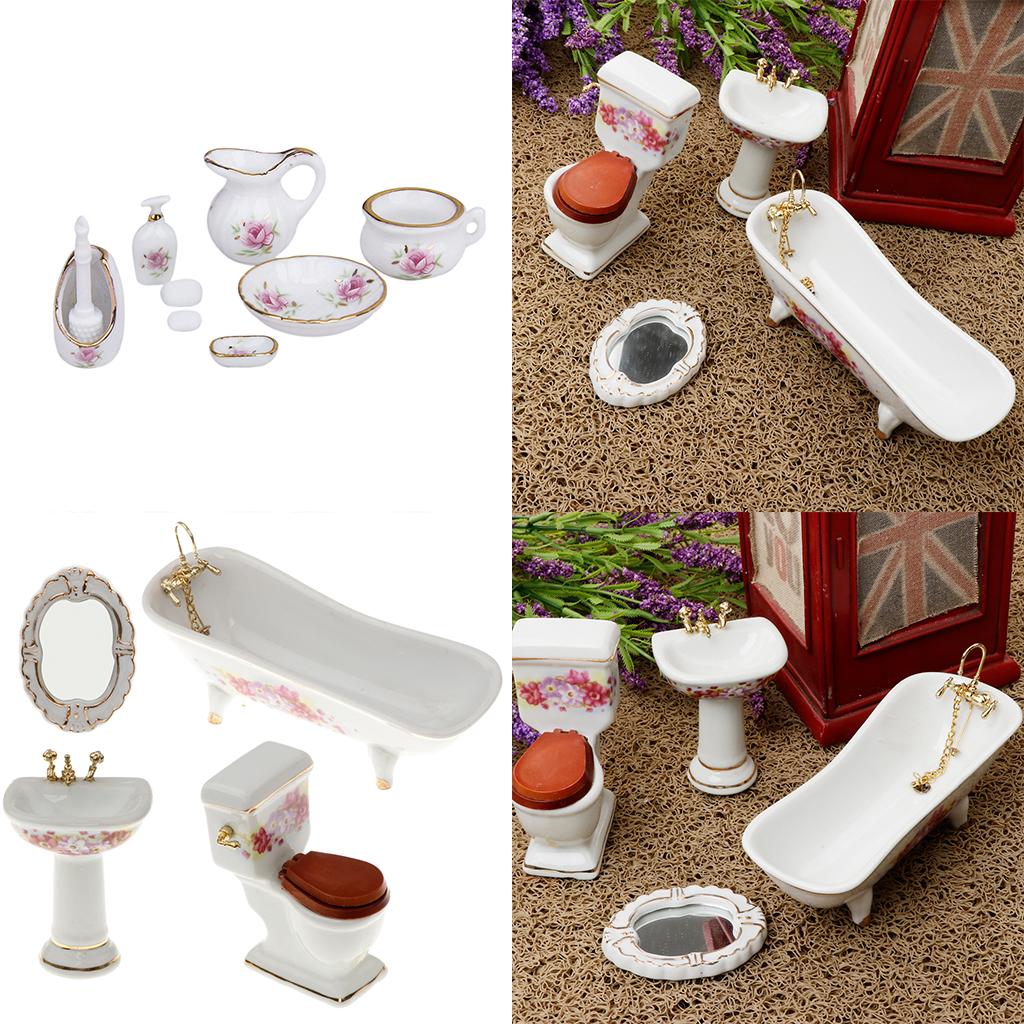 1/12 Dollhouse Bathroom Accessory Floral Ceramic Closestool Bathtub Sink Set